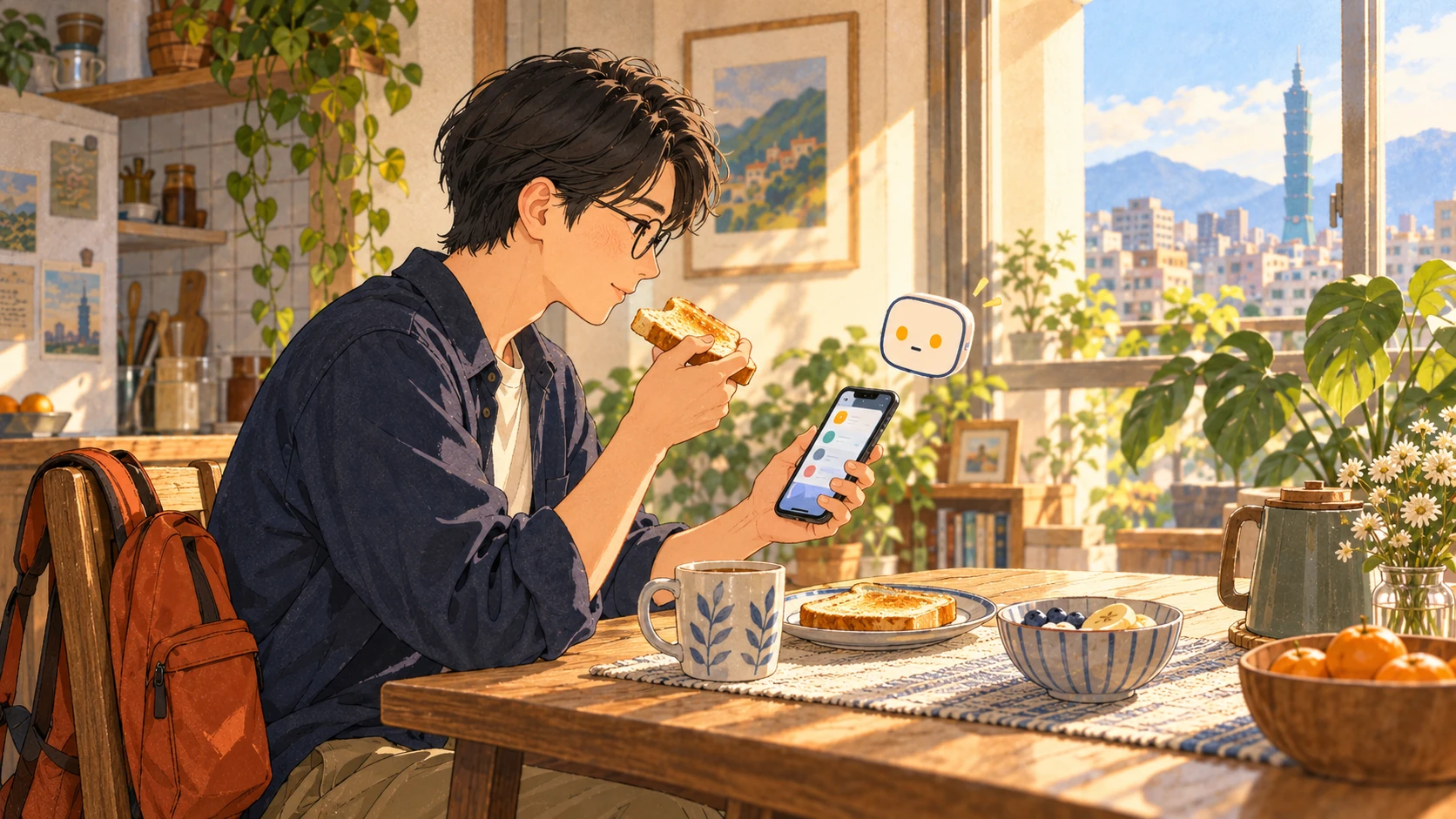 早晨從側面看主角邊吃早餐、邊低頭閱讀手機晨報,Bot 在旁陪伴。