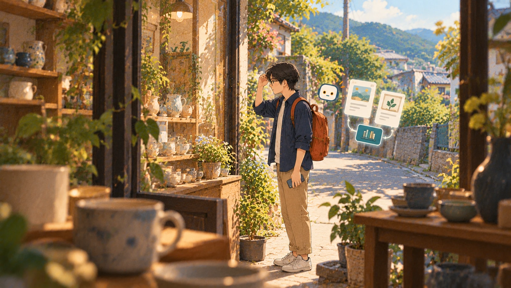從小店內透過窗框看向街外,主角停下腳步查看櫥窗,Bot 在旁陪伴。